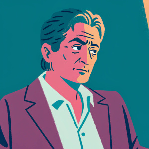 Close-up shot of Robert De Niro, with intense stare. Dark suit with white shirt underneath. Soft light, blurred background