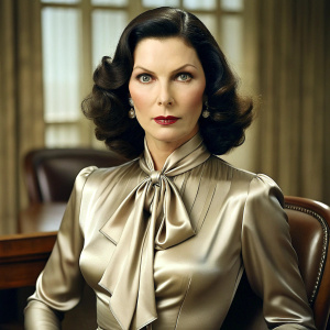 stern looking 50 yo long black haired attractive CEO in boardroom. very narrow waist and massive pushed up bosom wearing shiny satin bow blouse with puff sleeves. slim tall neck and high cheekbones. Dark red lipstick. side view