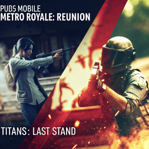 Promotional ad for PUBG Mobile featuring intense gameplay scenes from Metro Royale: Reunion and Titans: Last Stand. Dark background, action-packed graphics, and characters in combat. In Bahasa Indonesia.