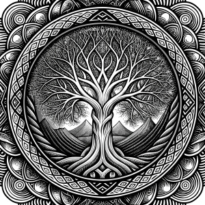 Nordic yggdrasil –  high-definition design grey and black, realistic tattoo design, white background