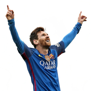 Lionel Messi, in a blue shirt with Qatar Airways logo, celebrating after a victory. Stark white background, no crowd.