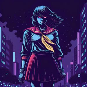 Digital art featuring Ryuko Matoi from Kill la Kill. She's got fierce expression, standing against dark cityscape with neon lights