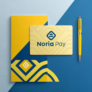 Modern graphic design for Noria Pay. Vibrant yellow and blue color scheme. Eye-catching logo and typography. Professional name card included. Clear brand identity showcased.