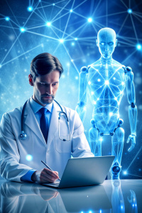  Medical technology, innovation health and medical research, healthcare and medicine concept. Doctor or technician working with AI data analysis, lab experiment, data science