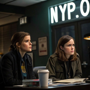 Kate Mara and Ellen Page, looking intense. Sitting in a dimly lit office. NYPD sign visible in background. Coffee cup and evidence bag on desk.