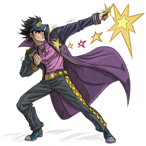 A detailed sketch of Jotaro Kujo wielding Star Platinum. Vibrant colors and dynamic pose.