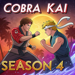 Digital illustration for Cobra Kai Season 4 poster. Vibrant colors and dynamic action scenes. Two characters in fighting stance with bold text 'Cobra Kai SEASON 4' in center