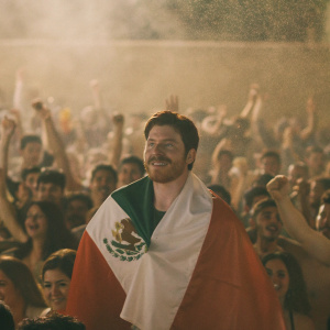 Canelo Álvarez celebrating with a crowd. He is draped in a Mexican flag. The background is filled with cheering fans.