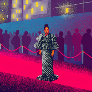 Tessa Thompson at TIFF, elegant pose, wearing a black and silver sequined dress with dramatic ruffles. Crowded street view with bustling activity in the background.