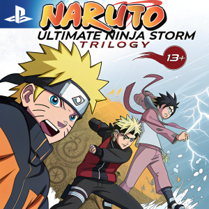 Video game cover for PlayStation 4. Title: Naruto Ultimate Ninja Storm Trilogy. Dynamic artwork featuring Naruto and friends in action poses. Expressive faces. Traditional and stylized elements blend seamlessly. Warm and cool colors contrast vividly. Game title in bold font. Rating 12+