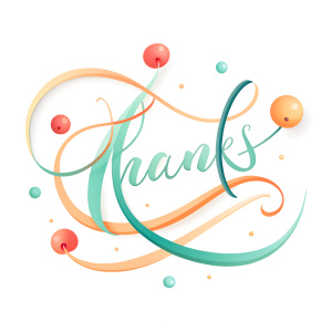 "Thanks"  text handwritten with swirl ribbons and colored circles. Vector phrase design for card or banner