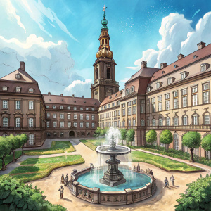 Christiansborg Palace in Copenhagen, Denmark, featuring a central courtyard with a fountain and a tall ornate tower. Bright blue sky