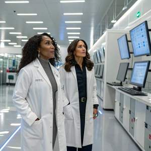 Angela Bassett and Salma Hayek in a modern high-tech laboratory. Surrounded by computer screens, white coats, and scientists. The environment is bright and sterile.