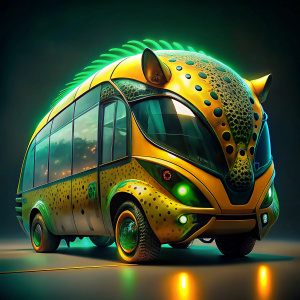 hacer un bus, futurista que tenga forma de un leopardo, con turbo, color amarillo y verde