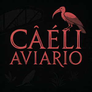 Red text on black background, featuring Caeli Aviario logo