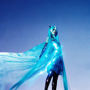 Digital artwork of Hatsune Miku in a hyper-realistic style. Long teal hair flowing gracefully. Futuristic dress, glowing blue aura. Neutral gray background