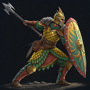 Fimir warrior from Total War: Warhammer. Vibrant digital art. Detailed armor, textured scales. Dynamic stance. Stark black background.