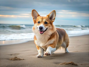 pembroke welsh corgie dog playing on the beach side view 