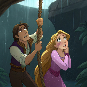 Flynn Rider and Rapunzel in a tense scene from Tangled. They're hanging from a rope. Flynn looks worried while Rapunzel appears both hopeful and anxious.