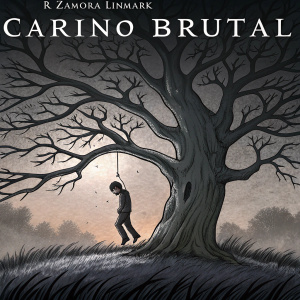 Digital artwork by R Zamora Linmark titled Carino Brutal. Depicts a gnarled tree with a figure hanging from one of its branches. The sketch-like style and dark, muted color palette create an eerie and unsettling atmosphere.