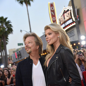 David Spade and Charlotte McKinney at the 'Joe Dirt 2: Beautiful Loser' premiere. Bright lights, fans cheering, Hollywood sign in background