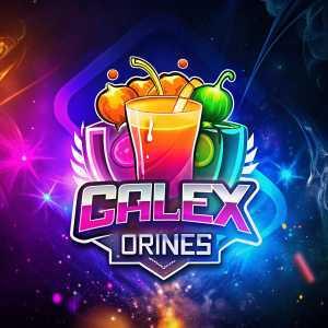 Un logotipo para bebidas refrescantes con el texto Galex - crazy drinks, animado y colorido