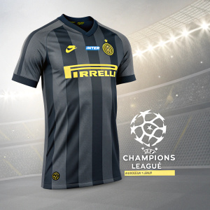 Concept design for Inter Milan's new jersey featuring a sleek dark grey and black stripe pattern. Prominently displayed Firrelli branding in bold yellow. Background showcases the UEFA Champions League and European Club Association logos. High-performance materials and modern silhouette