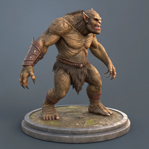 3D rendering of a gnarled troll. Rough brown skin, dynamic pose. Standing on a circular base. Gray background