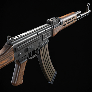 A 3D digital rendering of a German StG 44 assault rifle. Black background, detailed textures, components, mechanisms