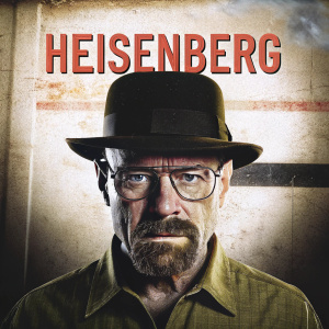 Walter White, aka Heisenberg, intense stare, green hat, green shirt, plain background. 'Heisenberg' caption above