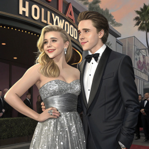 Chloe Grace Moretz and Brooklyn Beckham at film festival premiere. Chloe in silver sequined gown. Brooklyn in tuxedo. Hollywood sign in background.