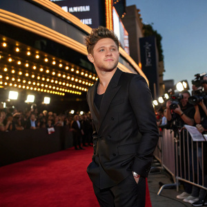 Niall Horan, dressed in a sleek black suit, posing for photos at the Billboard Music Awards. Glowing lights and crowds in the background.