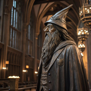 Hyper-realistic bronze statue of Albus Dumbledore. Bearded face, wearing half-moon spectacles and a pointed hat. The sculpture stands in the center of a grand hall