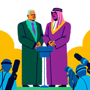 Colin Powell and Sheikh Mohammad al-Sabah at a formal press conference. High security, serious expressions.