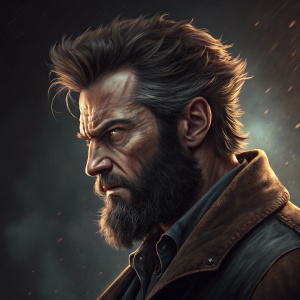 Close-up digital portrait of Wolverine from Logan. Fierce expression, full beard, wild hairstyle, dramatic lighting, dark and moody color palette, detailed, dark textured background with subtle highlights.