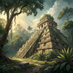 Stone pyramid of El Osario at Chichen Itza, Yucatan, Mexico. Part of Maya civilization, surrounded by dense jungle.