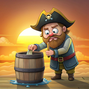 Cartoon pirate filling a barrel with seawater, looking unhappy, with a faint sun in the background