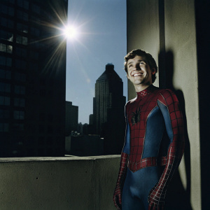 Tom Holland, as Spider-Man, smiling confidently. Photo taken against a bright, sunny skyline backdrop.