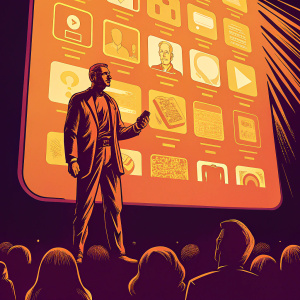 Jeff Bezos presenting Kindle Fire on a tech conference stage. Bright spotlight on him. Behind, large LED screen with app icons and King book graphic. Dark, audience-less background.