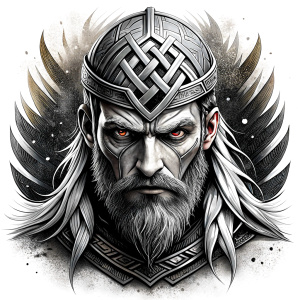 walhalla, viking warrior,  runics face, black work, white backrounds