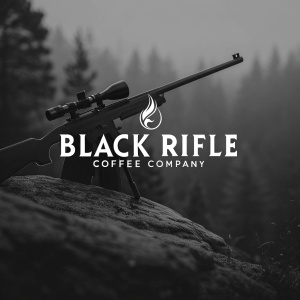 Stylized logo for Black Rifle Coffee Company. Dark and minimalist design featuring a sleek rifle silhouette and bold black text