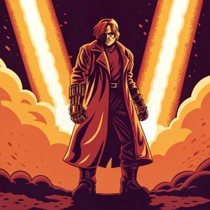 Digital illustration of Edward Elric from Fullmetal Alchemist. Bright neon lights background