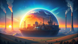Round Planet Earth, there is nature and green field inside the planet there is a Solar windmills inside the planet , background is factory and sunrise, bright rays of the sun, there's a factory behind the Earth, futuristic style, bright colours, high quality 