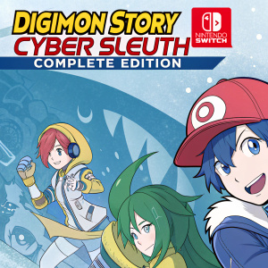 Cover art for Digimon Story Cyber Sleuth: Complete Edition. Depicts anime characters in vibrant color scheme featuring shades of blue, red, and green. Nintendo Switch logo at top right corner.