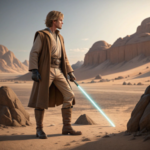 Digital 3D render of Luke Skywalker from Star Wars. He stands alone on the surface of Tatooine.