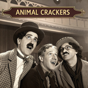 Promotional poster for 'Animal Crackers', a 1930 comedy film. Featuring Marx Brothers in sepia tones, with exaggerated expressions and theatrical attire. Indoor setting, brothers together, exuding humor and camaraderie.