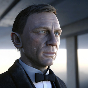 High-definition 3D rendering of Daniel Craig. Intense facial expression. Artist Maya Arnold's detailed contours. Background blurred.