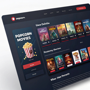 Website design of Popcorn Movies. Dark theme with vibrant movie posters. User login area, movie search bar, and personalized profile section. Modern and user-friendly interface for streaming movies.