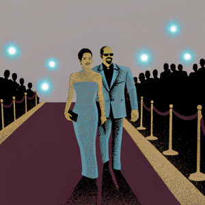 Halle Berry and David Justice at the Cannes Film Festival. They are walking down the red carpet. Flashing lights and crowds visible in the background.