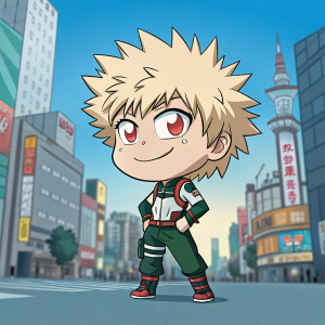 Illustration of Chibi Katsuki Bakugou, from My Hero Academia, standing in a playful and energetic pose. His spiky hair and focused wide eyes are prominently featured. Against a backdrop of a bustling cityscape